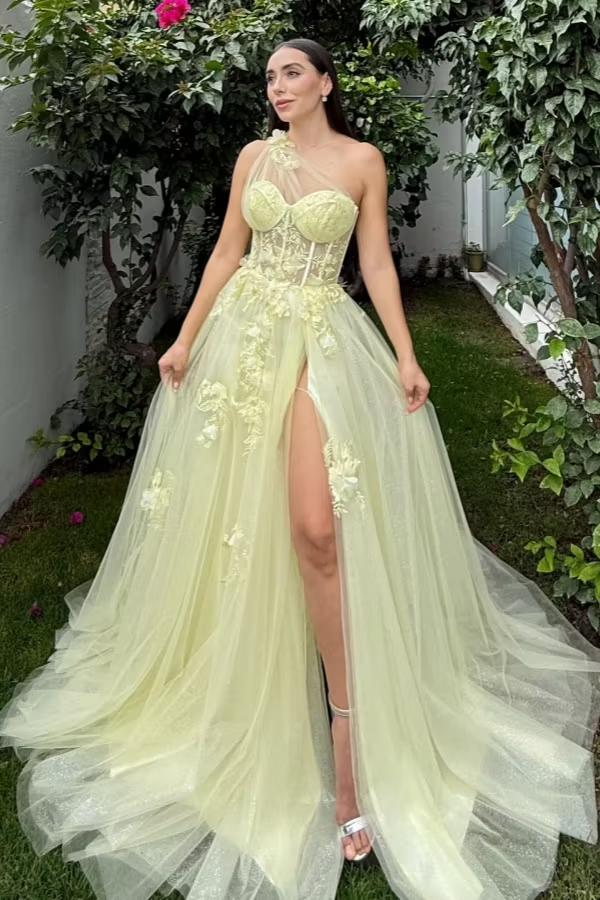 Lussooy Exquisite Tulle One Shoulder Applique Sleeveless Split Prom Dress