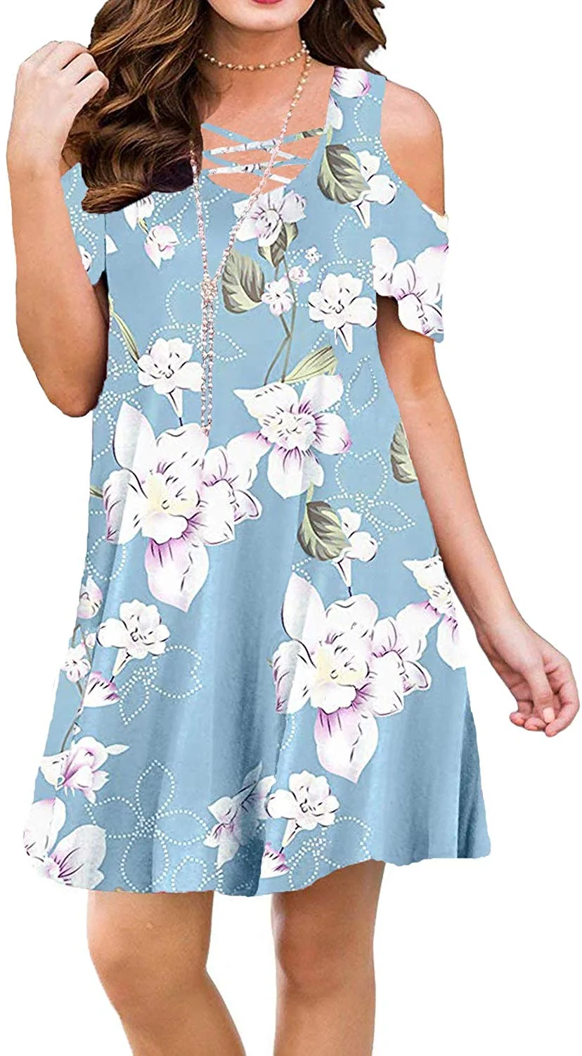 Summer Cold Shoulder Criss Cross Neckline Short Sleeve Casual Tunic Top Dress (S-3XL) for women