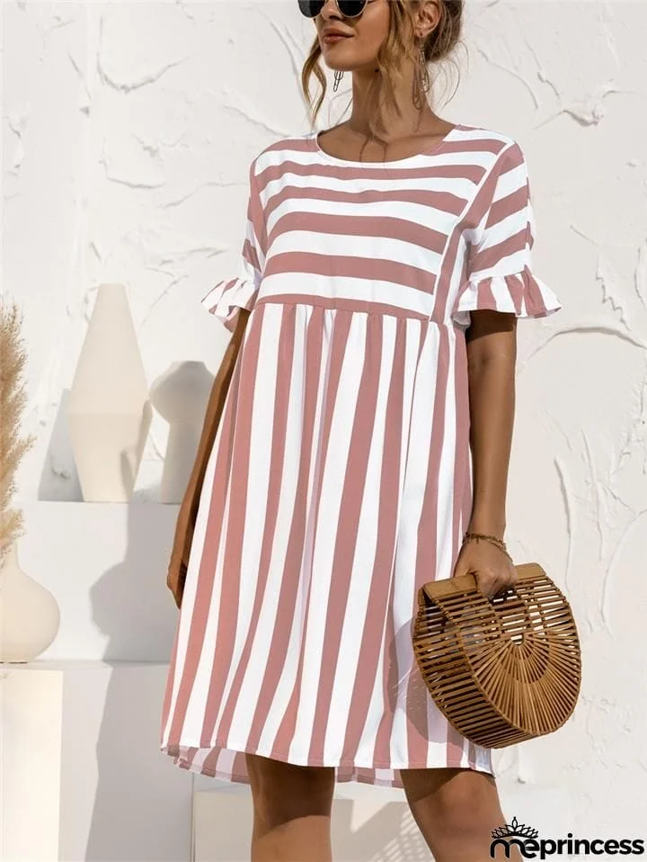 Relaxed Fit Round Neck Striped Ruffled Short Sleeve Flare Midi Dress