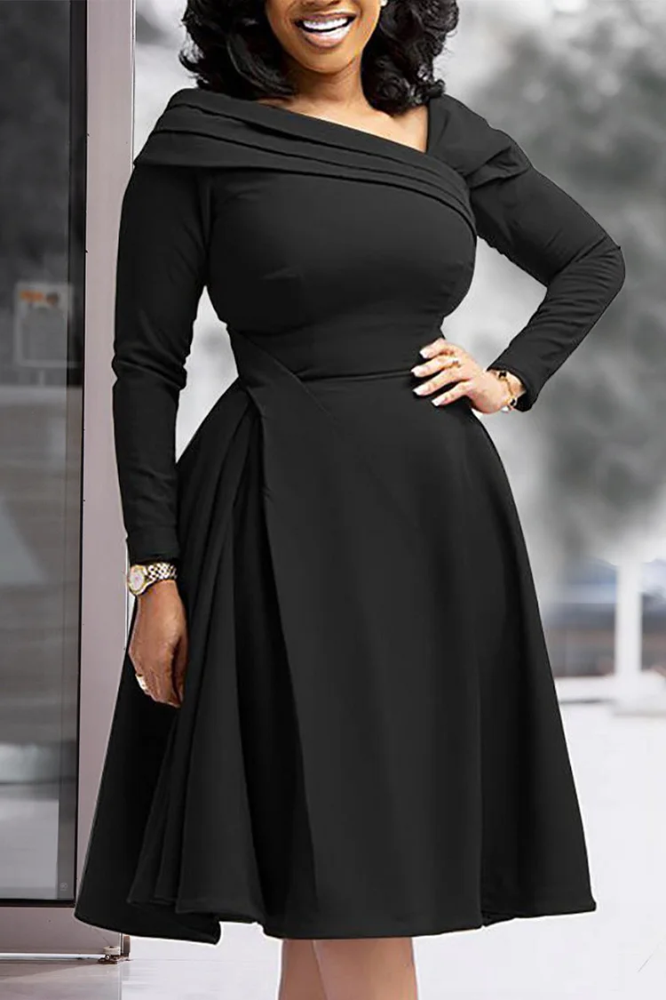 Xpluswear Plus Size Black Work A-Line Long Sleeve Midi Dress