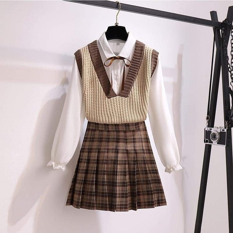 Dark Academia Casual Sweater Vest+ Long Sleeve White Blouse+ A Line Plaid Mini Skirt SP16422