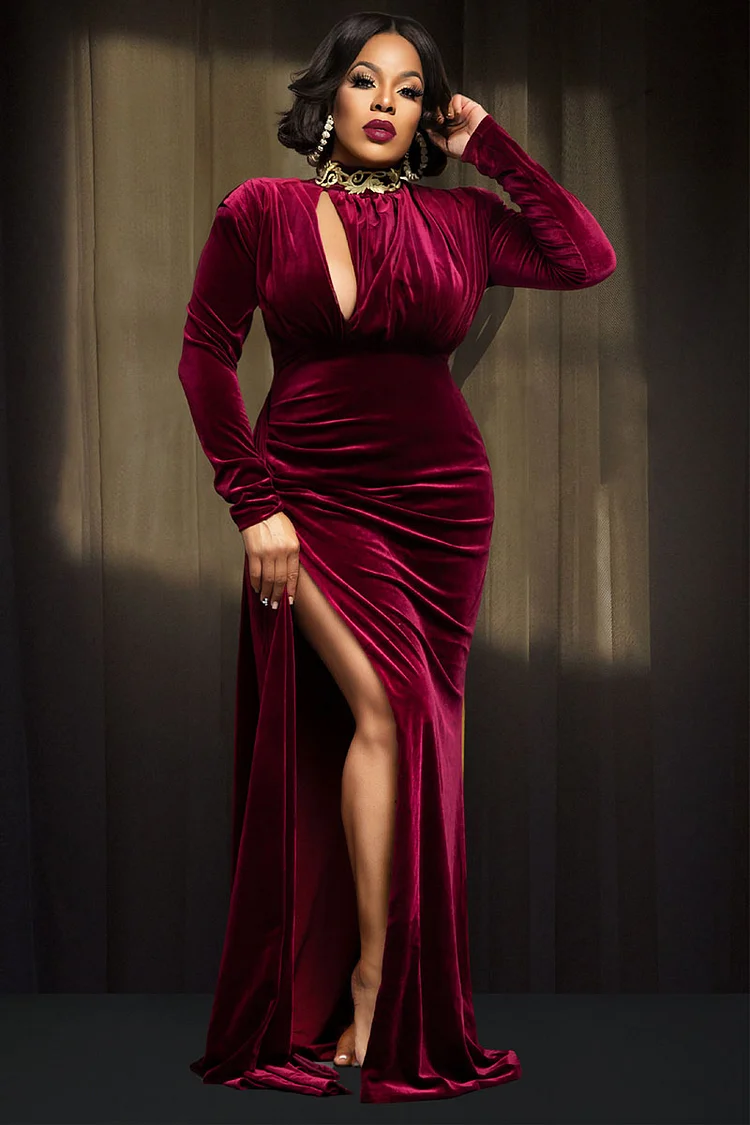 Elegant Embroidery High Neck Long Sleeve Cut Out Ruched Slit Formal Party Velvet Maxi Dresses-Red 