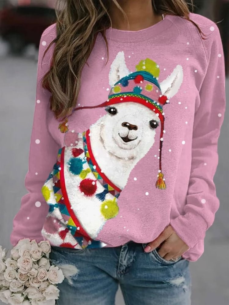 VChics Funny Christmas Alpaca Print Casual Sweatshirt