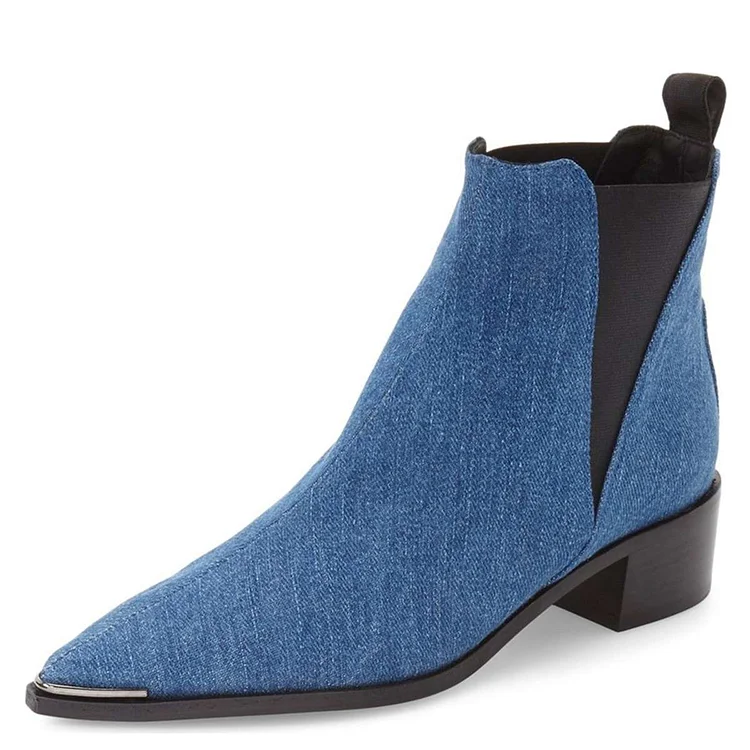 Blue Denim Chelsea Boots Pointy Toe Slip-on Chunky Heel Ankle Boots |FSJ Shoes