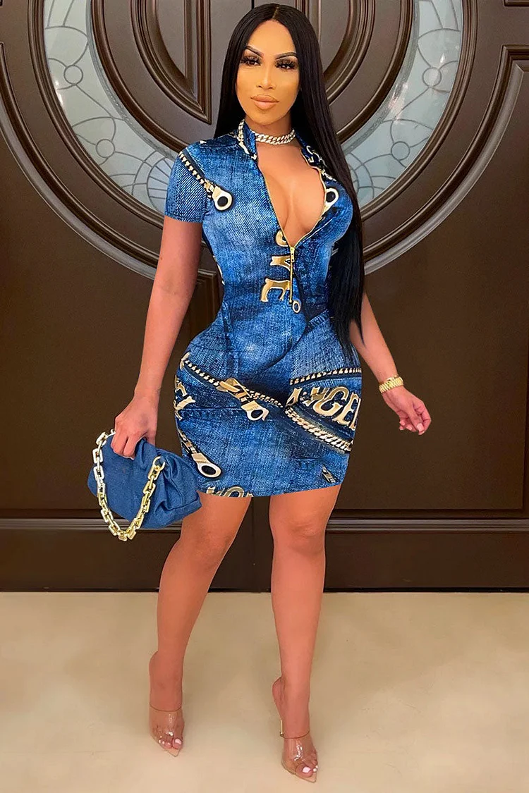 V-Neck Zipper Denim Print Dresses