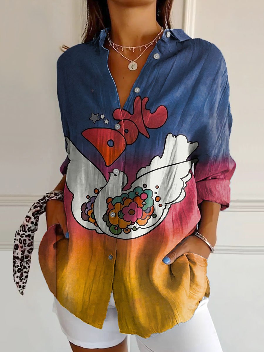 Women's Dove of Peace Hippie Art Print Casual Cotton Shirt
