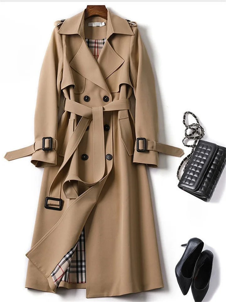 Women's Trench Coat Long Solid Color Patchwork Coat Black Blue Camel Beige Daily Fall Single Breasted Regular Fit S M L XL XXL 3XL
