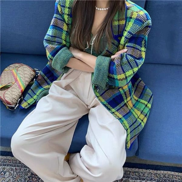 Fashion Bright Pink Green Plaid Knit Suit Korean Elegant Notched Collar Belted Vintage Jacket Autumn Winter Women's Suits - BlackFridayBuys