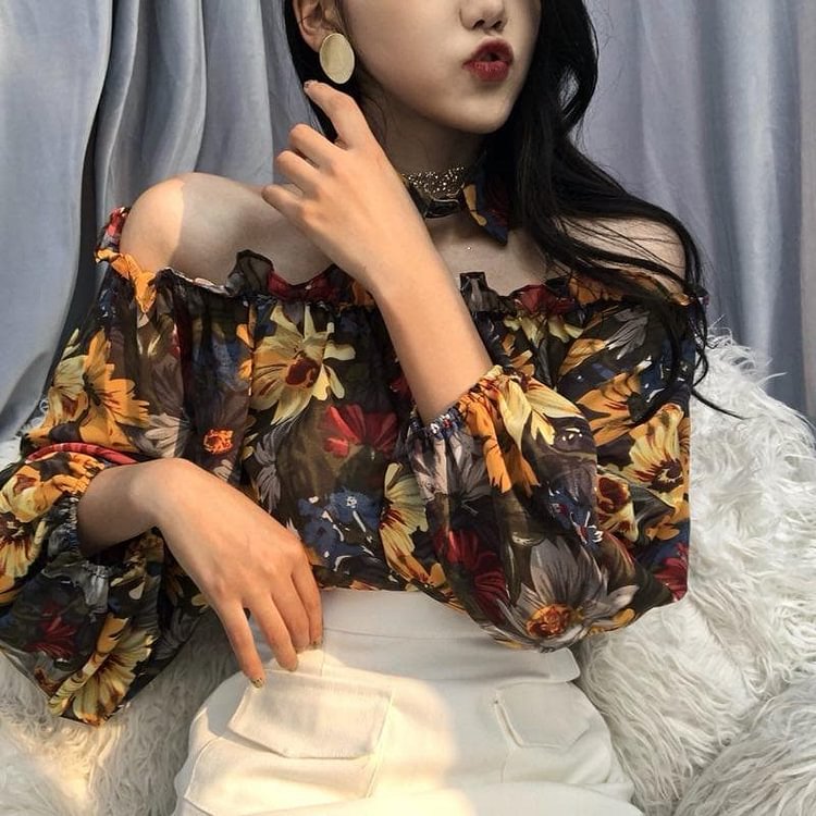 Vintage Slash Off Shoulder Long Sleeve Flower Shirts SP15750