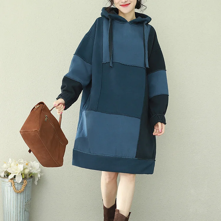 Natural patchwork hooded Cotton quilting dresses 2019 blue Midi Dress