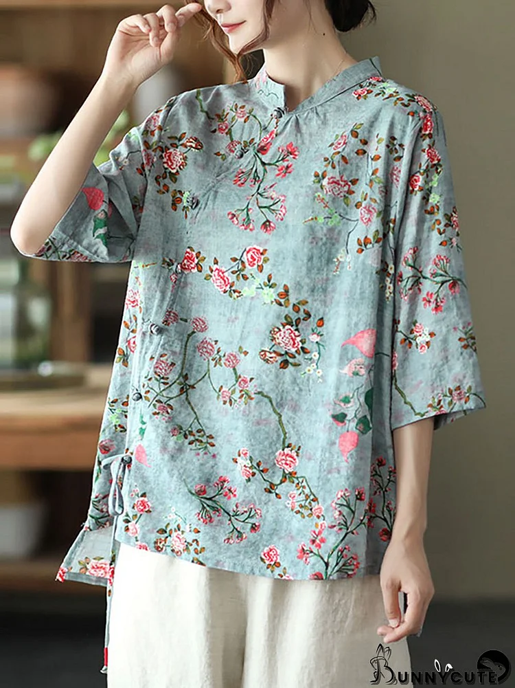 Plus size - Cotton Linen Floral Irregular Vintage Shirt