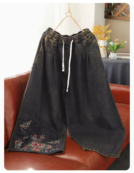 Vintage Embroidered Denim Elastic Waist Wide Leg Pants