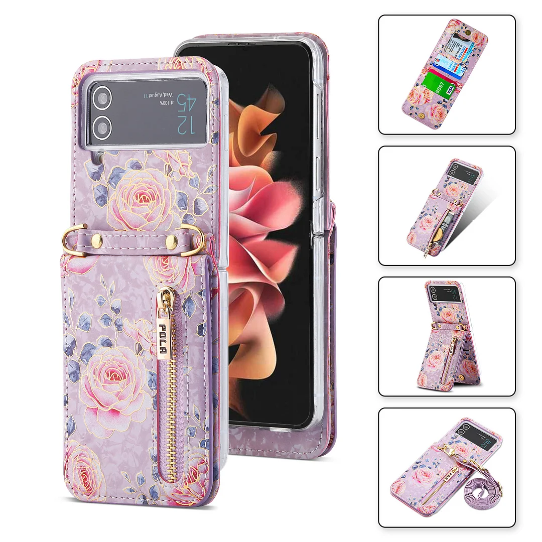  Crossbody Leather Rose Hot Stamping Phone Case With 4 Cards Slot,Zipper Slot,Kickstand And Lanyard For Galaxy Z Flip3/Z Flip4/Z Flip5