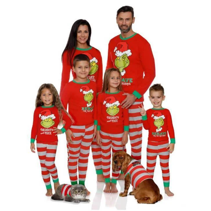 Family Matching Grinch Print Merry Christmas Striped Pajamas Set