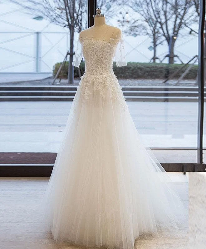 White Tulle Lace Long Prom Dress, White Tulle Evening Dress