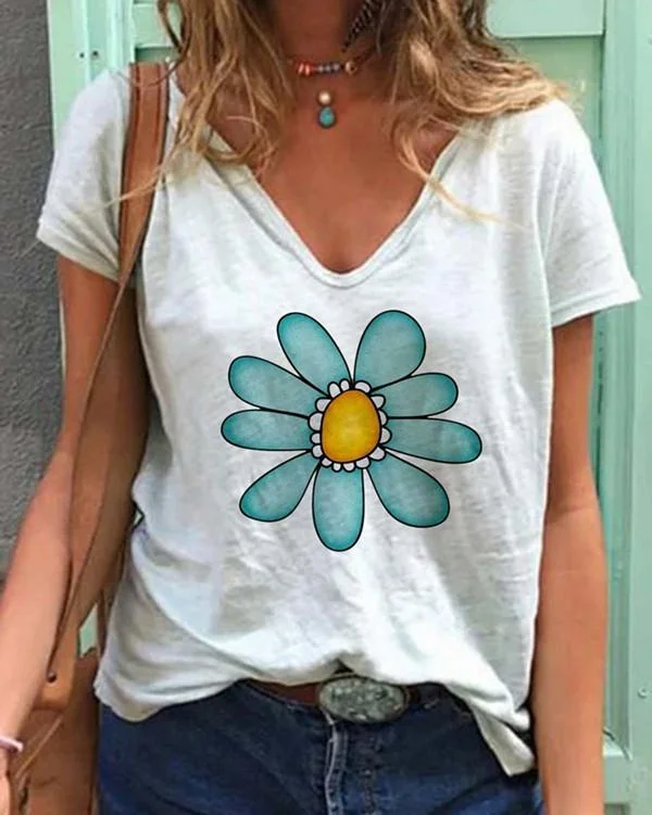 floral casual v neckline short sleeve blouses p122450