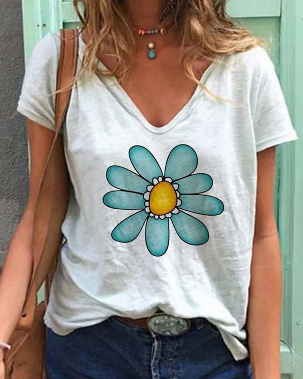 floral casual v neckline short sleeve blouses p122450