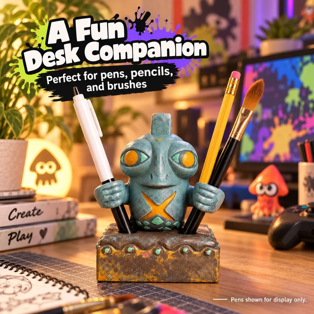 Two-Fisted Salmonid Pen Holder – 3D Printed PLA Pencil Cup Inspired by Splatoon Artillery Team