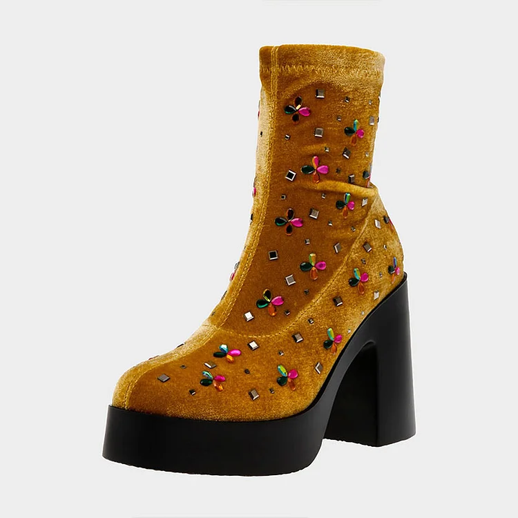 Yellow Velvet Platform Boots Round Toe Chunky Heel Rhinestone Booties |FSJ Shoes
