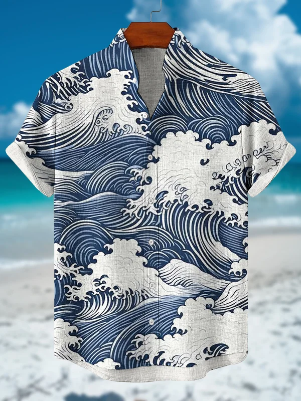 Men's Sea Wave Japanese Art Print Casual Shirt