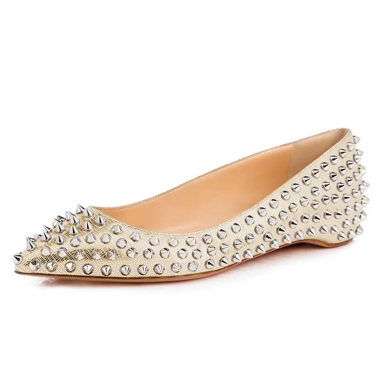 Champagne Pointy Toe Flats Python Comfortable Shoes with Rivets |FSJ Shoes