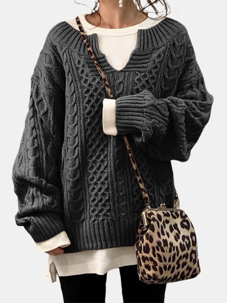 Solid Color Striped Long Sleeves Knitted Casual Sweater for Women