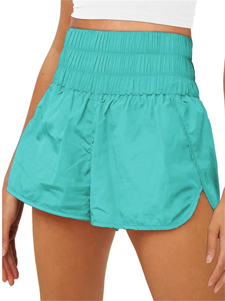 Women's Summer New Pleated Nylon Fake Two Pieces Yoga Quick Dry Outdoor Sports Solid Color Shorts-JRSEE