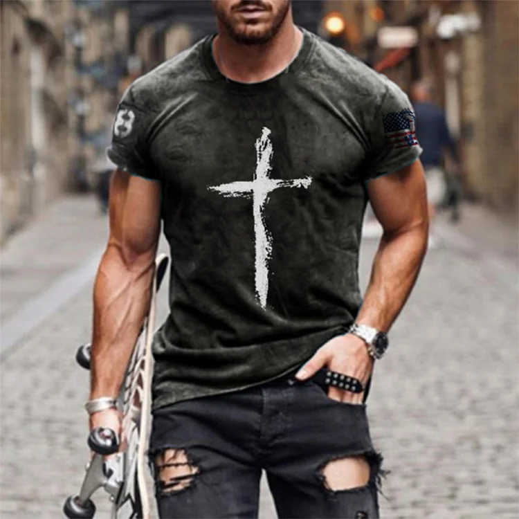 Retro casual cross print short sleeve T-shirt