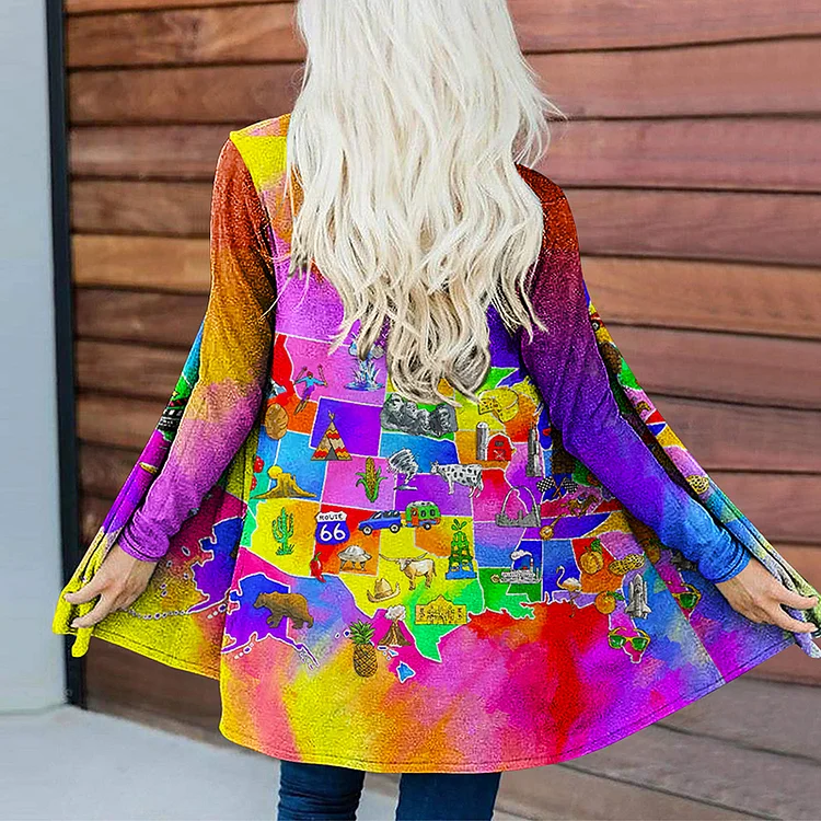 Vefave Hippie Map Print Casual Cardigan