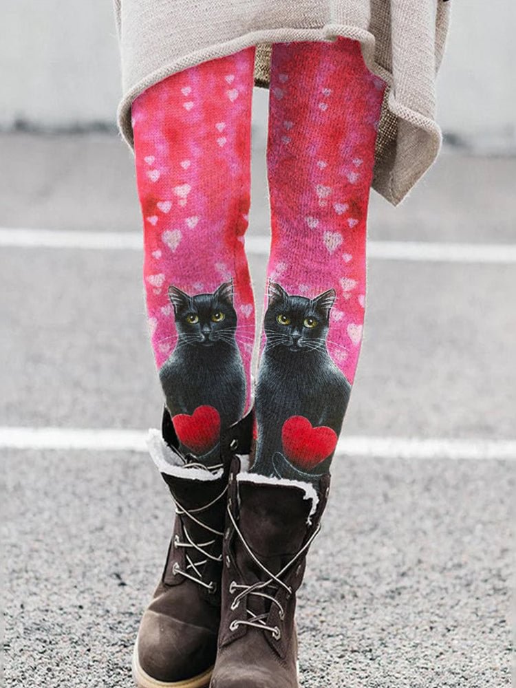 VChics Peach Heart Black Cat Print Stretch Leggings