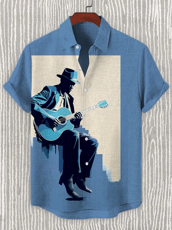 Men's Black Man's Blues Art Print Linen Blend Shirt