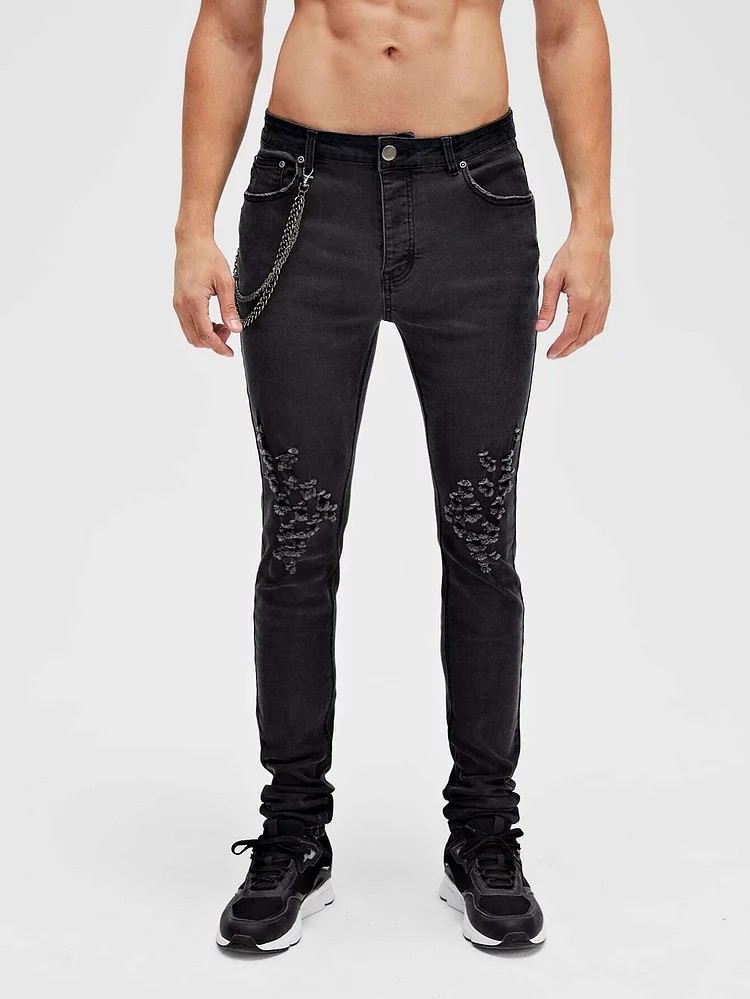 chain black ripped jeans men
