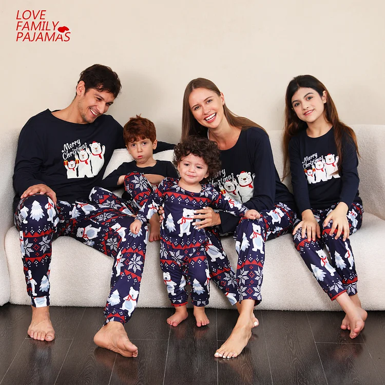 Cute Christmas Polar Bear Navy Blue Family Matching Pajamas Set