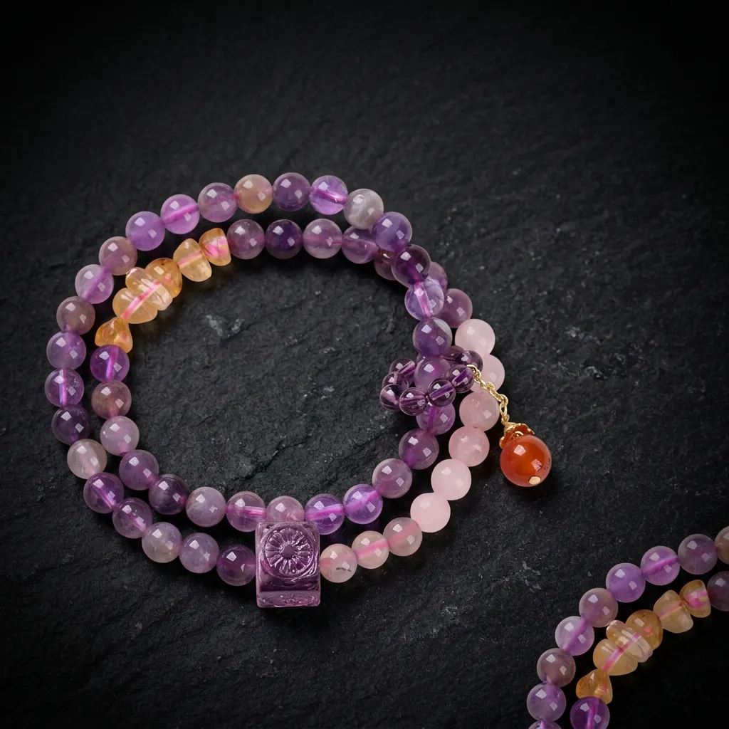 JiStones Ethereal Amethyst & Rose Quartz Double-Layer Bracelet – The "Luminous Fire" Collection Mystic Amethyst & Fire Agate - Double Wrap Edition