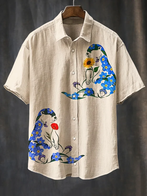 Men's Funny Animal And Flowers Art Print Shirt