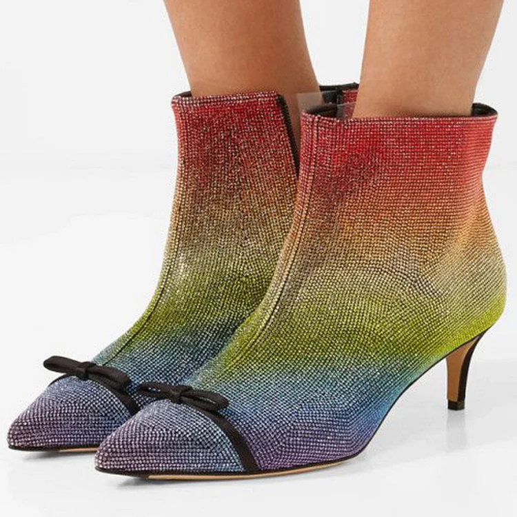 Multicolor Rhinestone Boots Elegant Pointy Toe Kitten Heel Booties |FSJ Shoes
