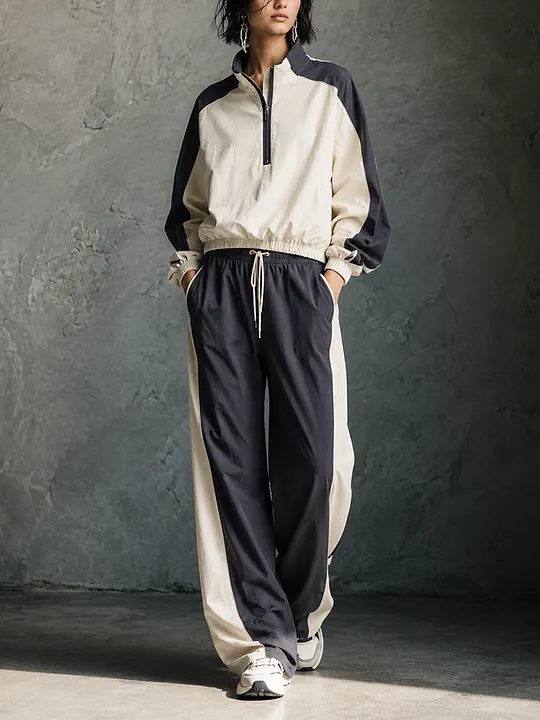 Women's Sporty Ivory Black Color-Block Half-Zip Wide-Leg Pants Set MD