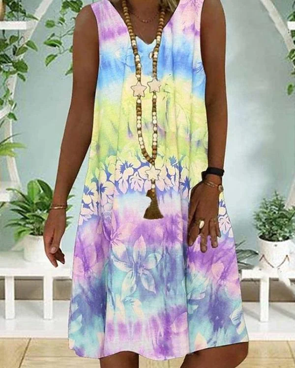 Sleeveless Rainbow Summer Boho A-Line Knee Length Dress