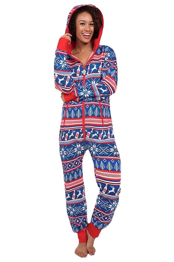 Long Sleeve Cat Print Pocket Zip Up Hooded Christmas Pajama Blue - Shop Trendy Women's Clothing | LoverChic