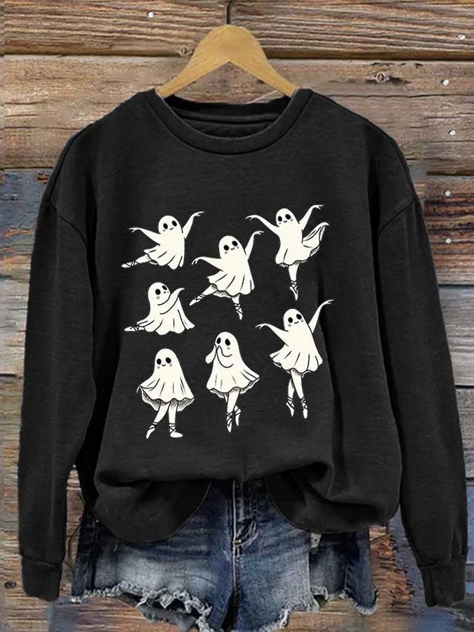 Women's Dancing Ghost Print Round Neck Sweatshirt socialshop
