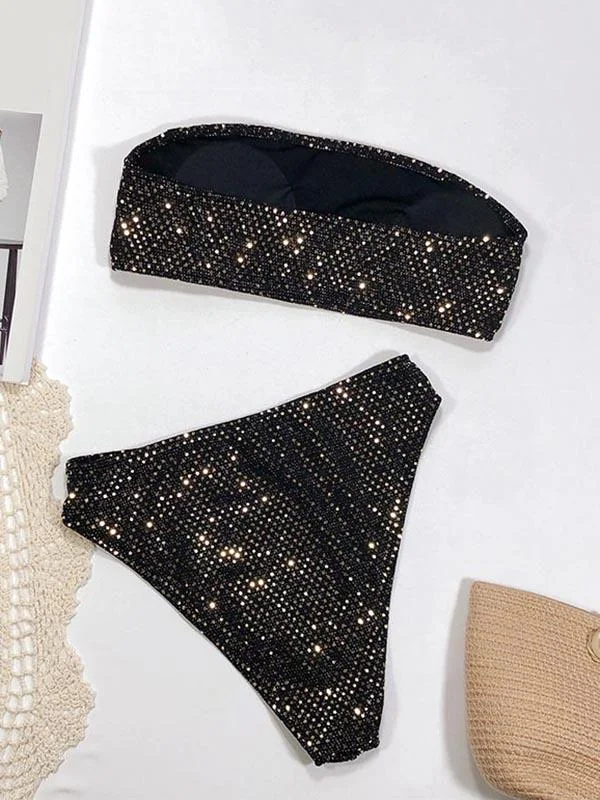Sequined Embellished Bandeau Split Bikini Swimsuit
