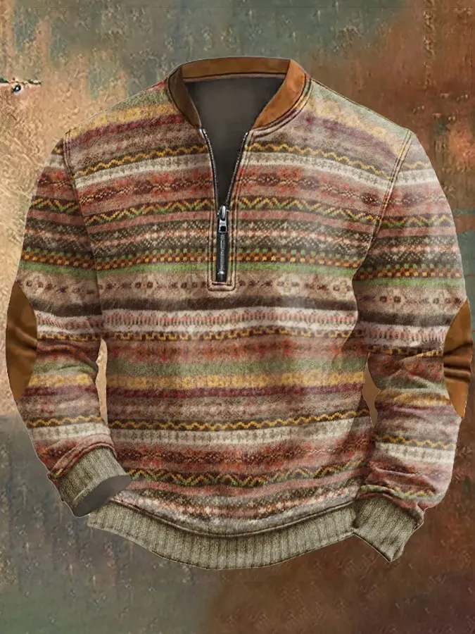 Sweat-shirt Homme Vintage à Col Montant - Imprimé Géométrique, Fermeture Boutons - Manches Longues - Taille S à 5XL - Polyester Doux - 3
