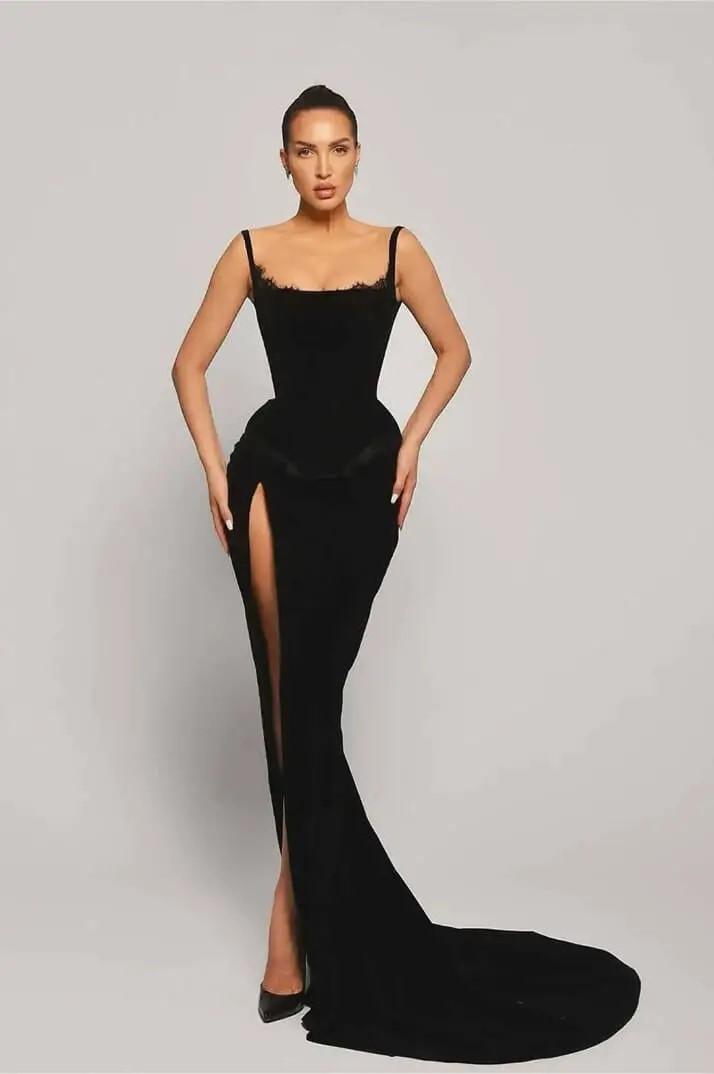 Lussooy Simple Spaghetti Strap Black Satin Long Prom Dress with Split