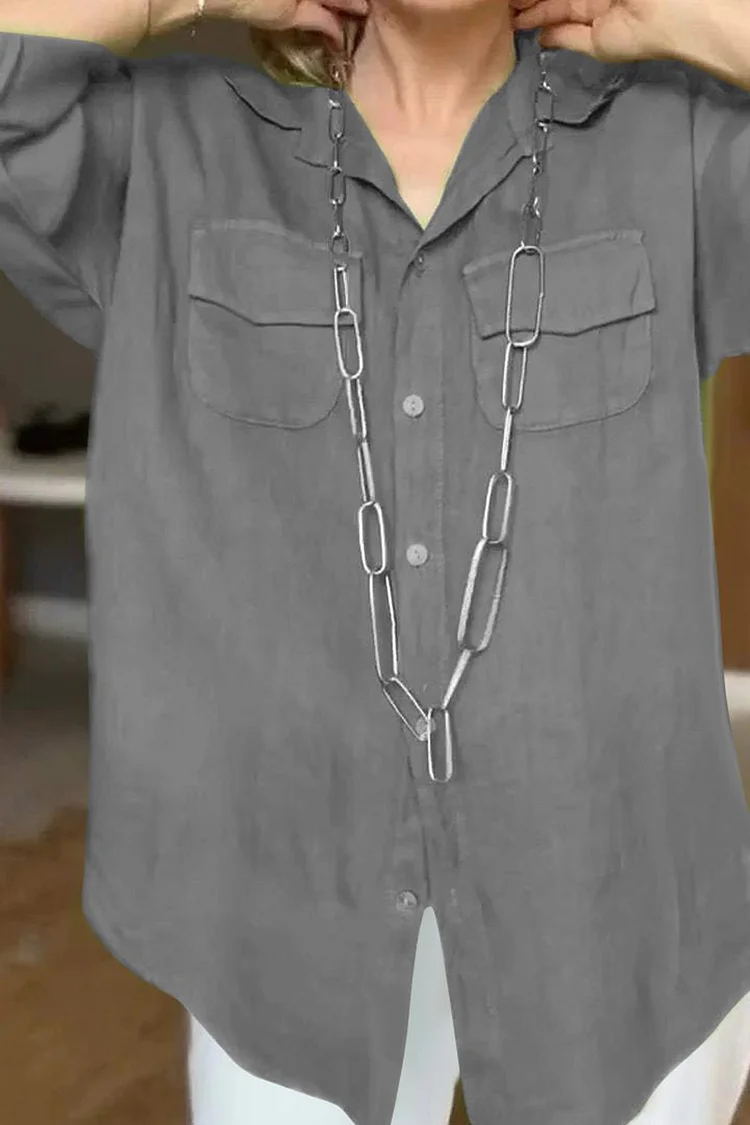 Lapel Collar Roll Sleeve Button Up Pocket Plain Casual Shirt