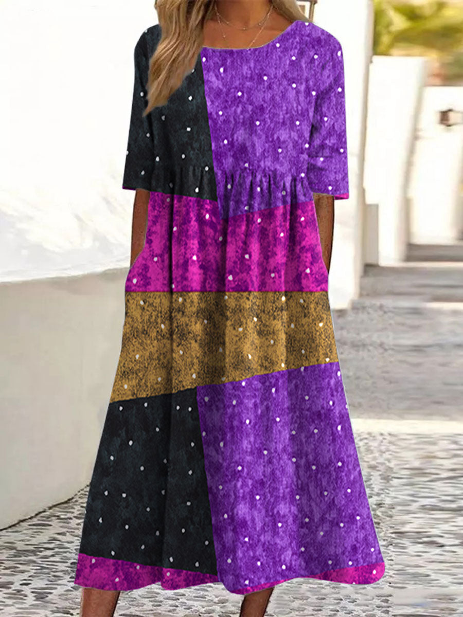 Women's Colorful Stripes Color Block Art Print Pocket Cotton Dress