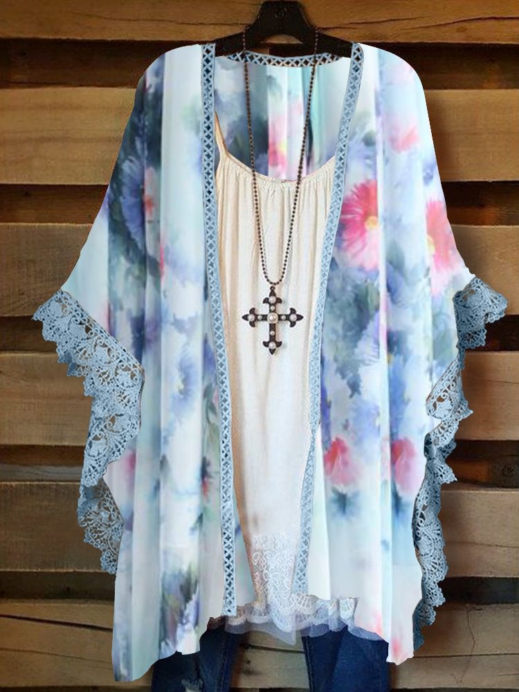Plus Size Casual Printed Kimono Jacket P178383396
