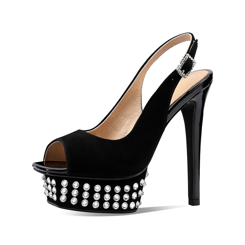 VCSHOES Sheep Suede Peep Toe Crystal Platform Super High Heel Rear Trip Belt Buckle Strap Open Toe Sandals