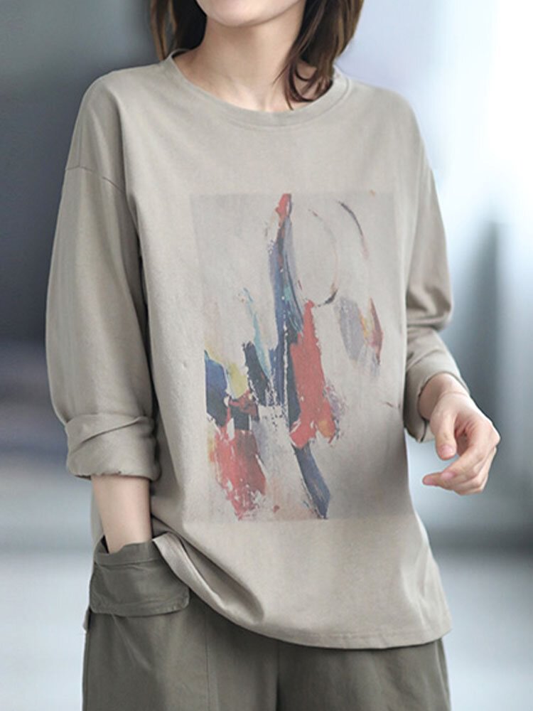 Painted Print Long Sleeve O neck Loose Women T shirt P1857588