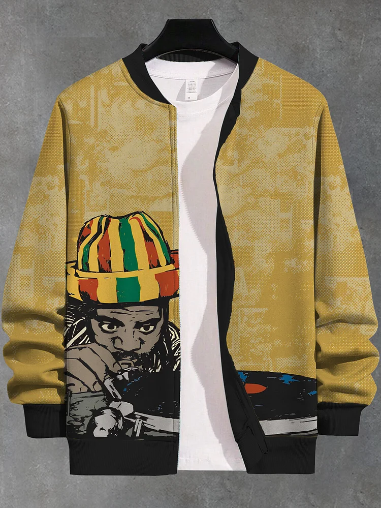 Men's Reggae Afro Art Print Casual Zip Up Jacket