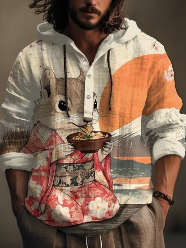 Men's Japanese Kimono Squirrel Eating Ramen Print Hooded Shirt